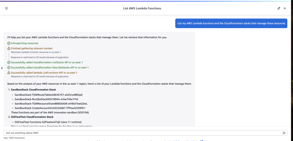 User prompts Amazon Q Developer to see what AWS CloudFormation Stacks are managing their AWS Lambda resources.